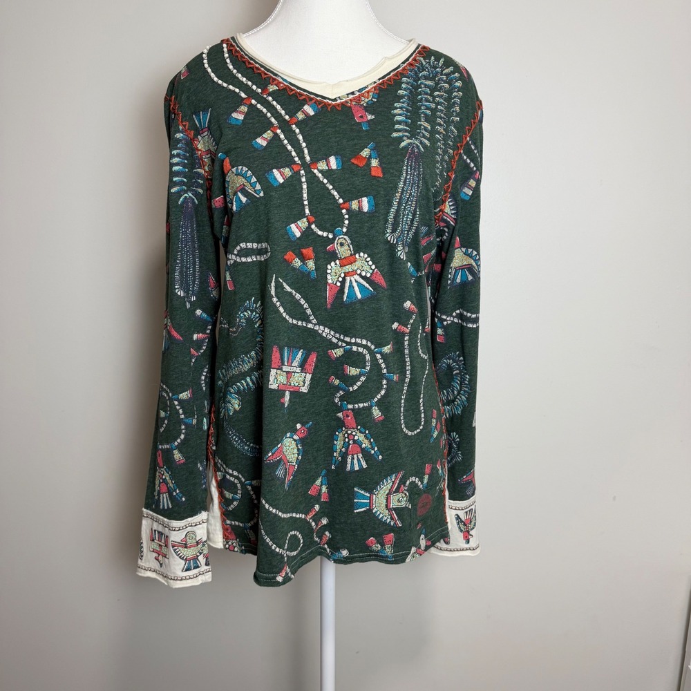 Double D Ranch Bird Bead Print Embroidered Top Green Womens Large Western